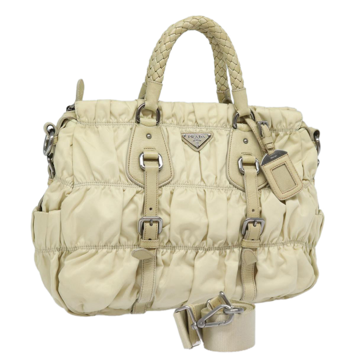 PRADA Hand Bag Nylon 2way Cream Silver Auth