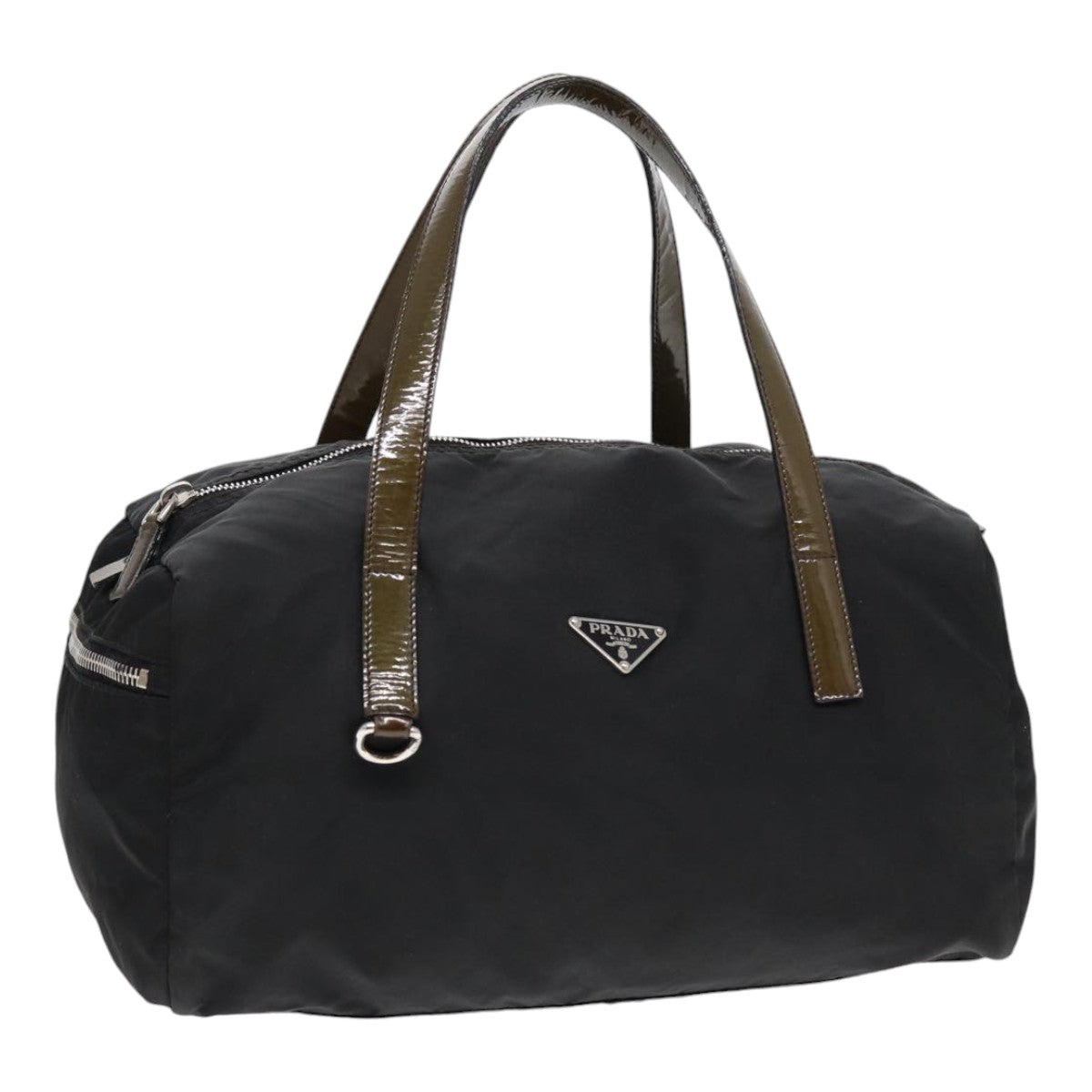 PRADA Hand Bag Nylon Enamel Black Khaki Silver Auth