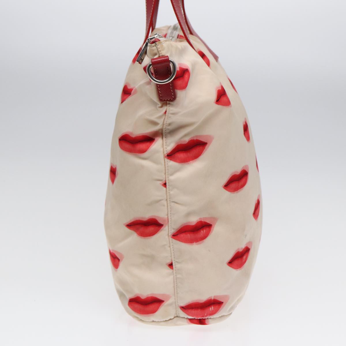 PRADA Tote Bag Nylon 2way Beige Red Silver Auth