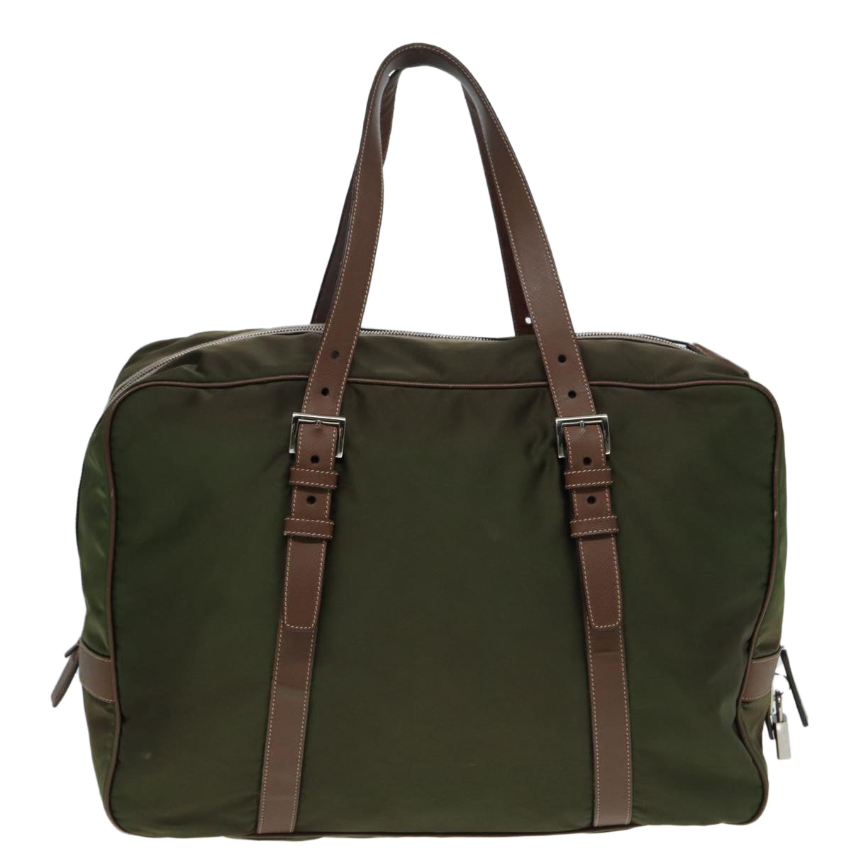 PRADA Boston Bag Nylon Khaki Silver Auth