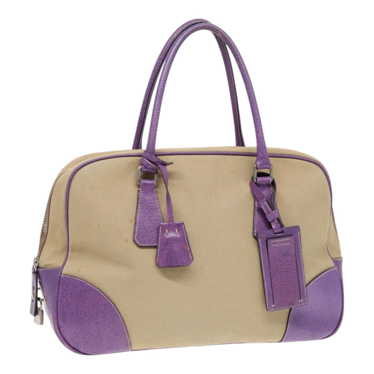 PRADA Hand Bag Canvas Beige Silver Auth
