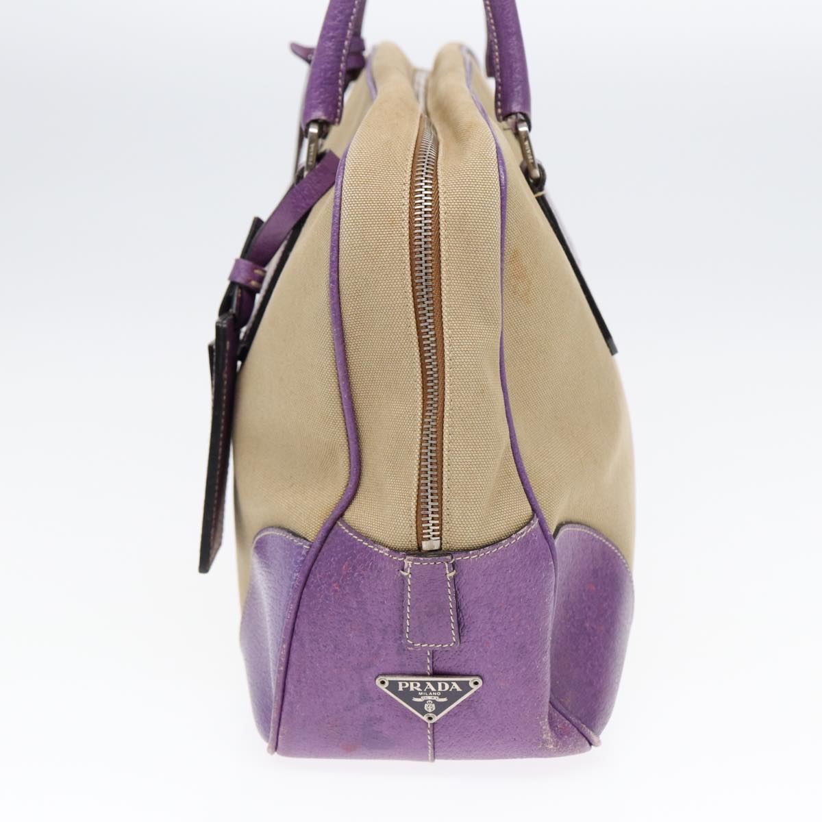 PRADA Hand Bag Canvas Beige Silver Auth