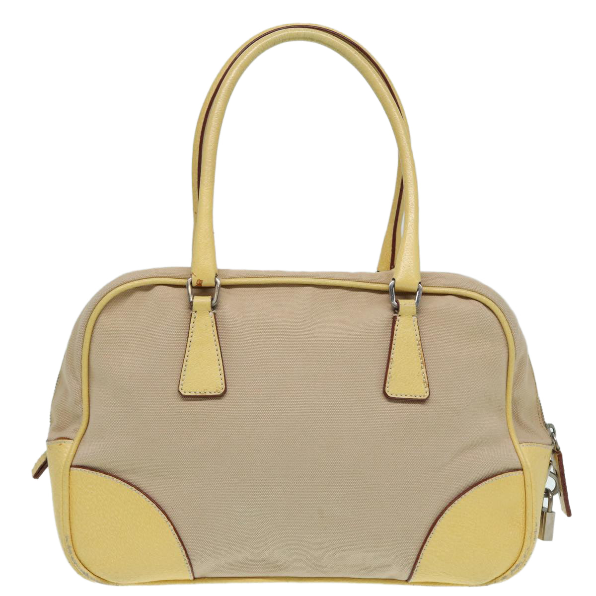 PRADA Hand Bag Canvas Beige Silver Auth