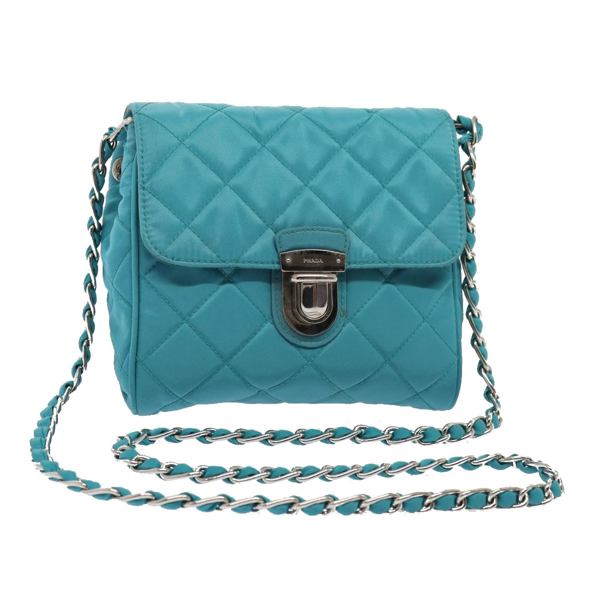 PRADA Chain Shoulder Bag Nylon Turquoise Blue Silver Auth