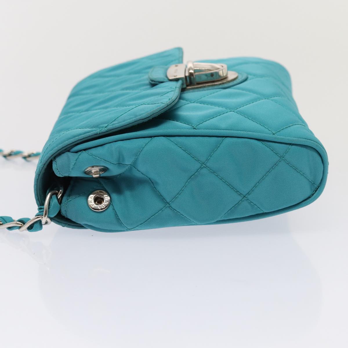 PRADA Chain Shoulder Bag Nylon Turquoise Blue Silver Auth