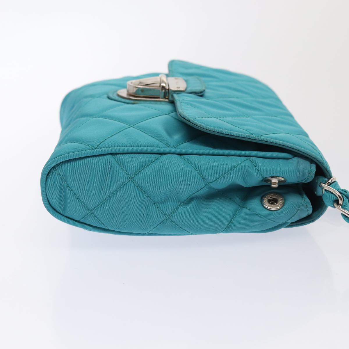 PRADA Chain Shoulder Bag Nylon Turquoise Blue Silver Auth