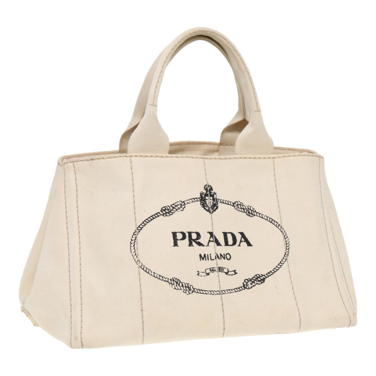 PRADA Canapa MM Hand Bag Canvas Cream Gold Auth