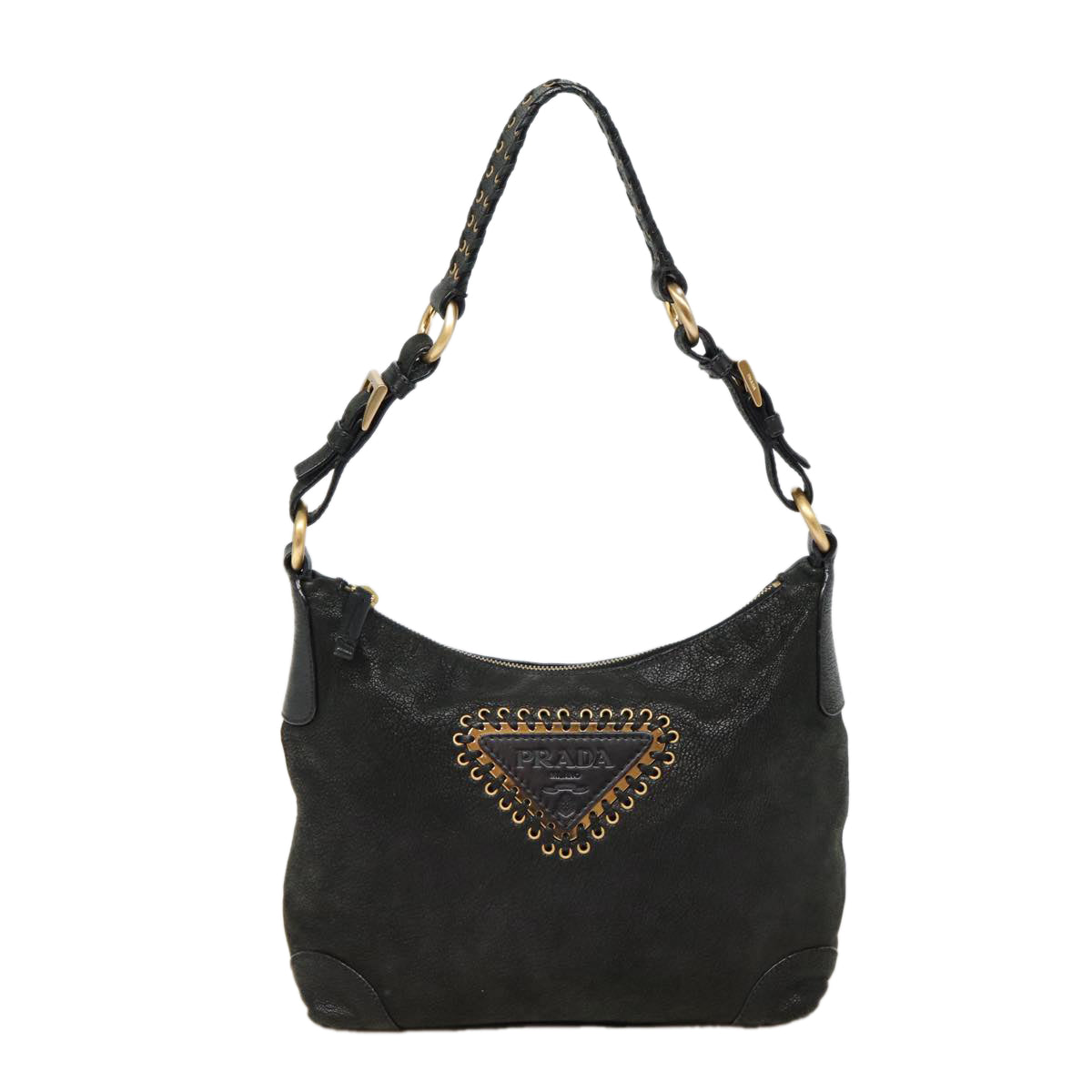 PRADA Shoulder Bag Leather Black Gold Auth