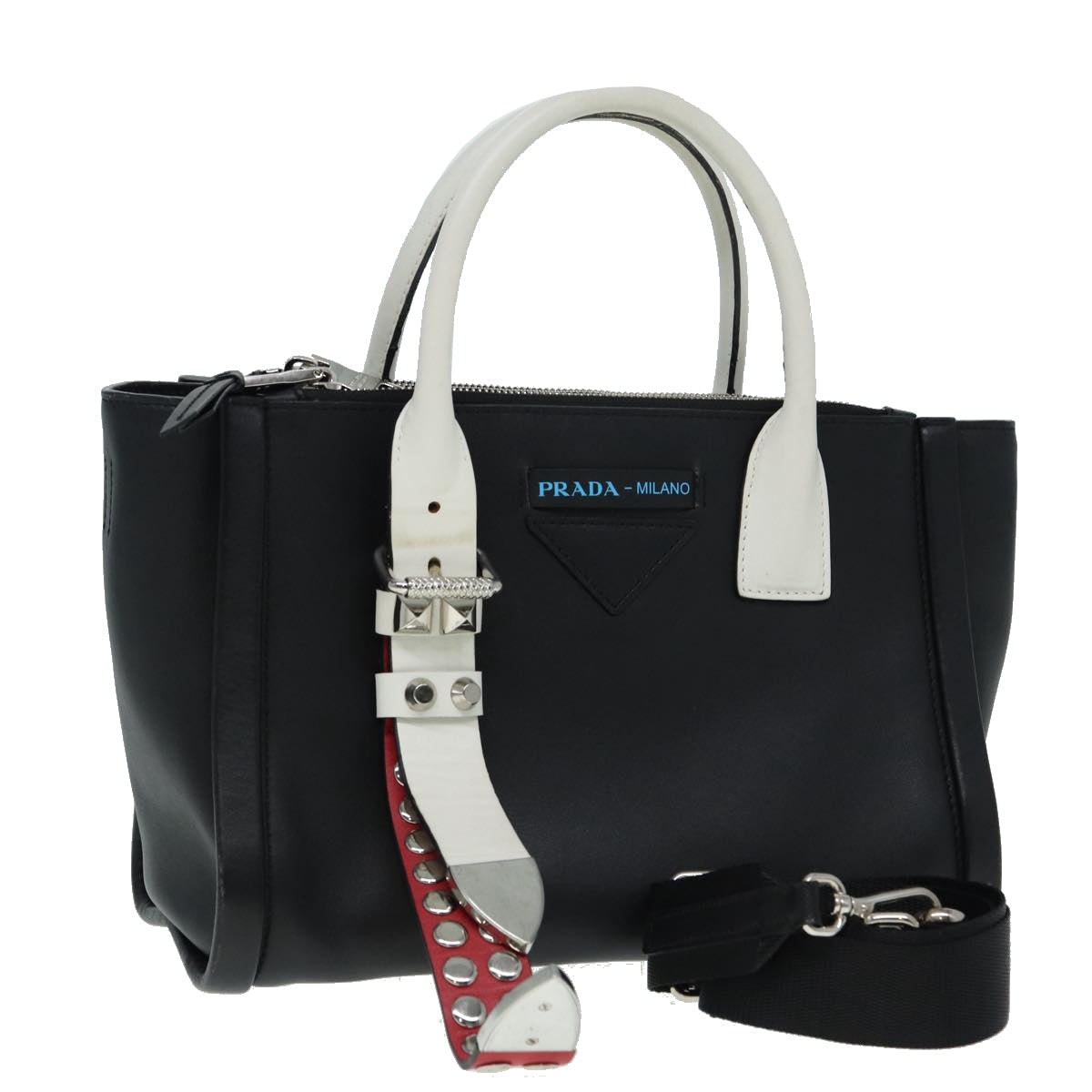 PRADA Hand Bag Leather 2way Black White Silver Auth