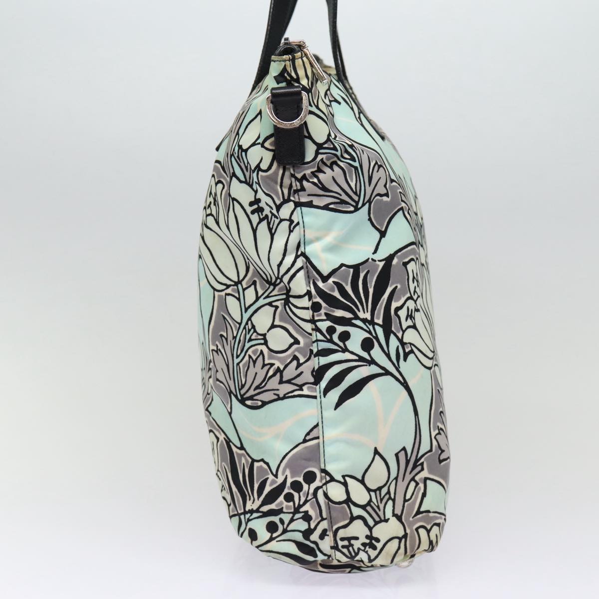 PRADA Flower Tote Bag Nylon 2way Light Blue Black Silver Auth