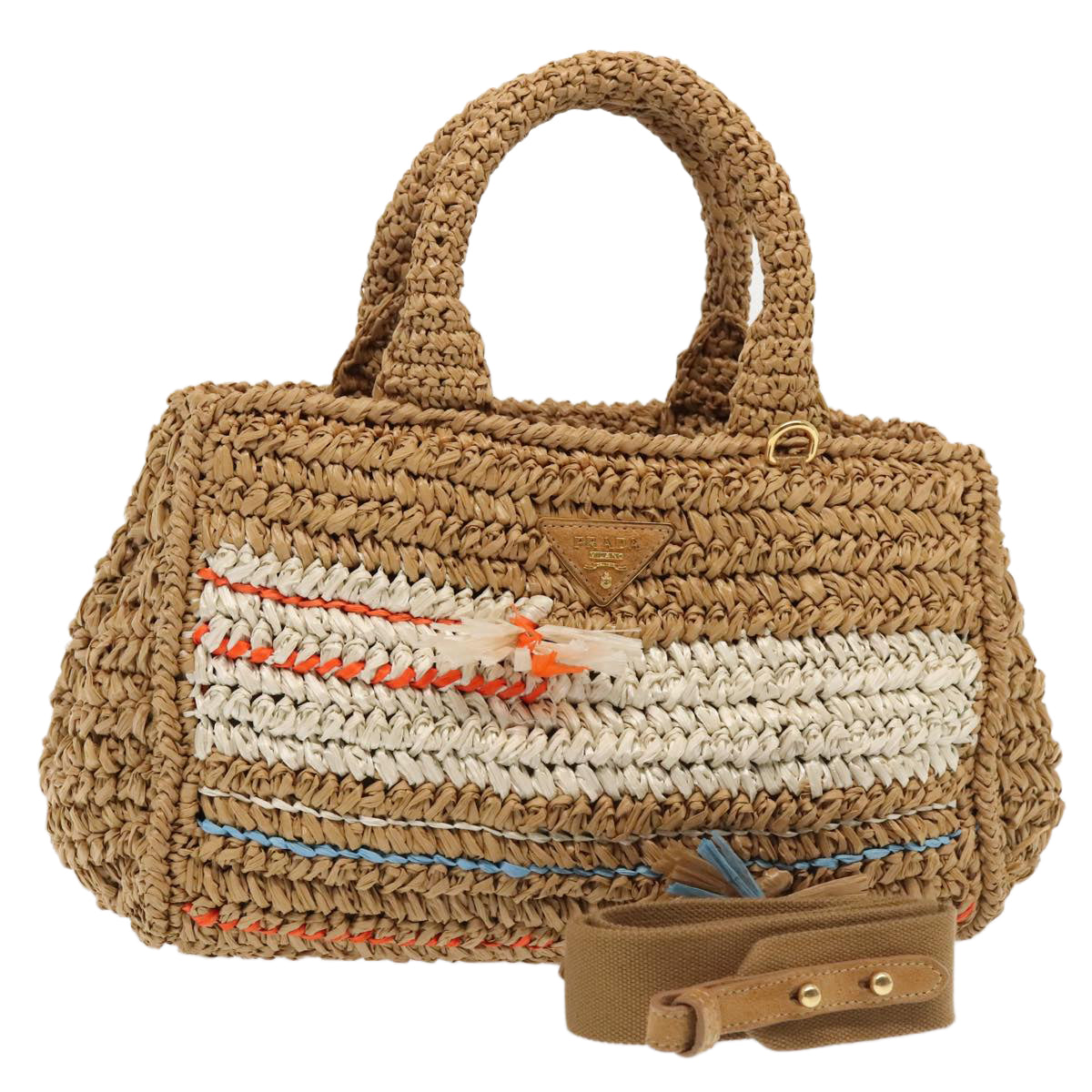 PRADA Canapa Hand Bag Raffia 2way Beige Gold Auth