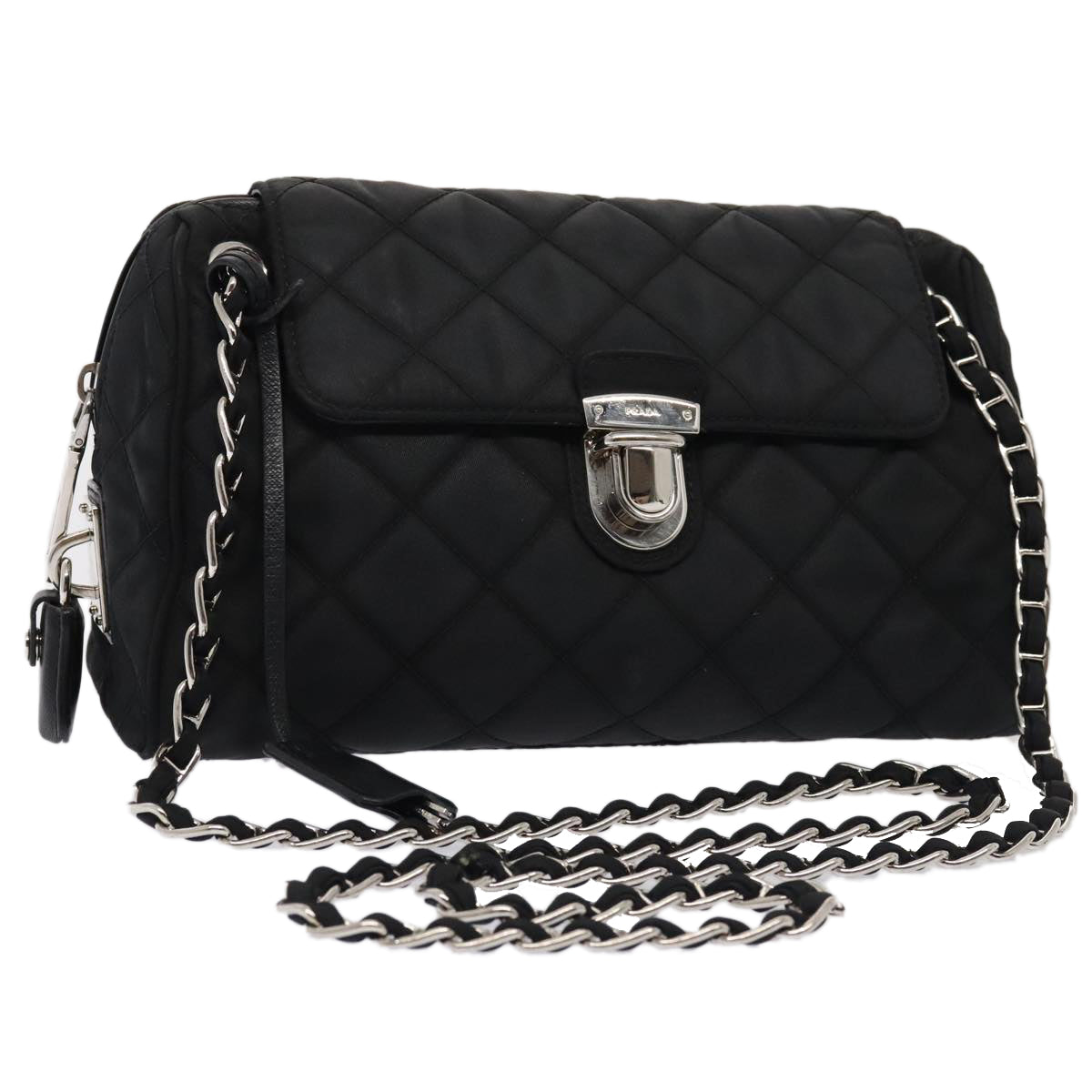 PRADA Quilted Chain Shoulder Bag Nylon Black Silver Auth