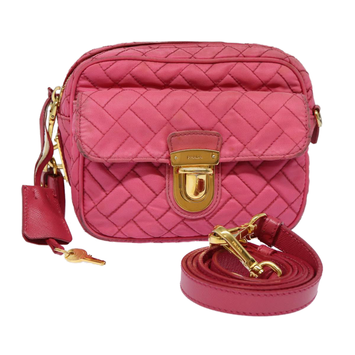 PRADA Quilted Shoulder Bag Nylon Pink Gold Auth