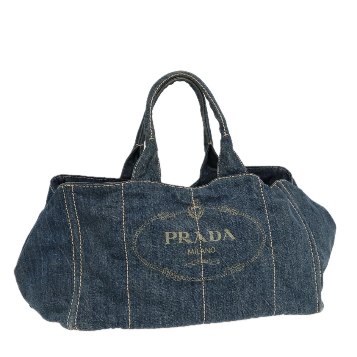 PRADA Canapa GM Hand Bag Denim Blue Gold Auth