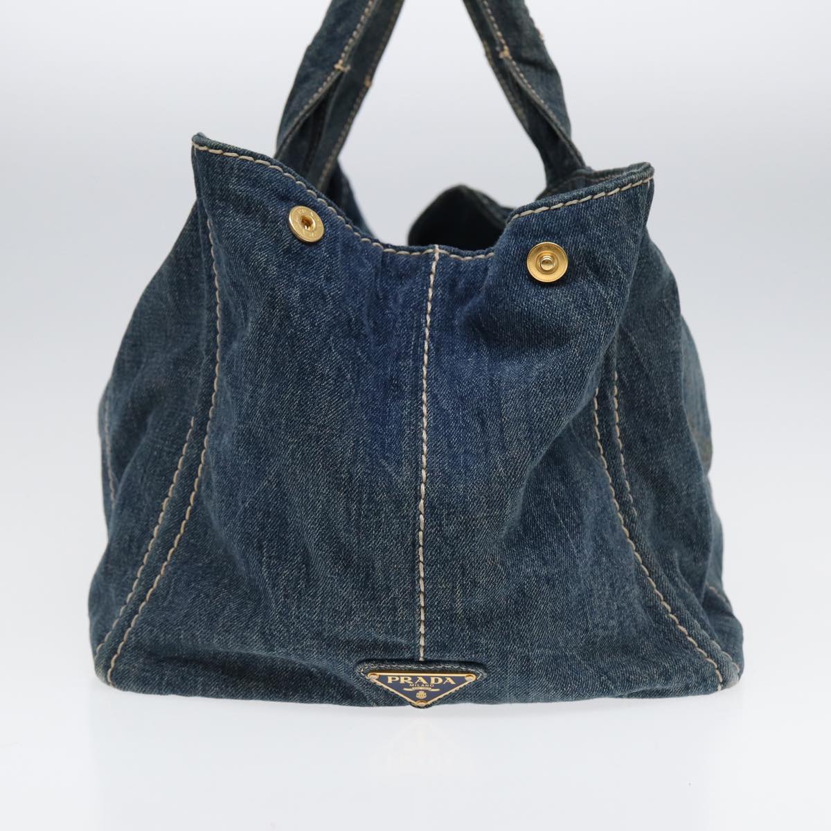 PRADA Canapa GM Hand Bag Denim Blue Gold Auth