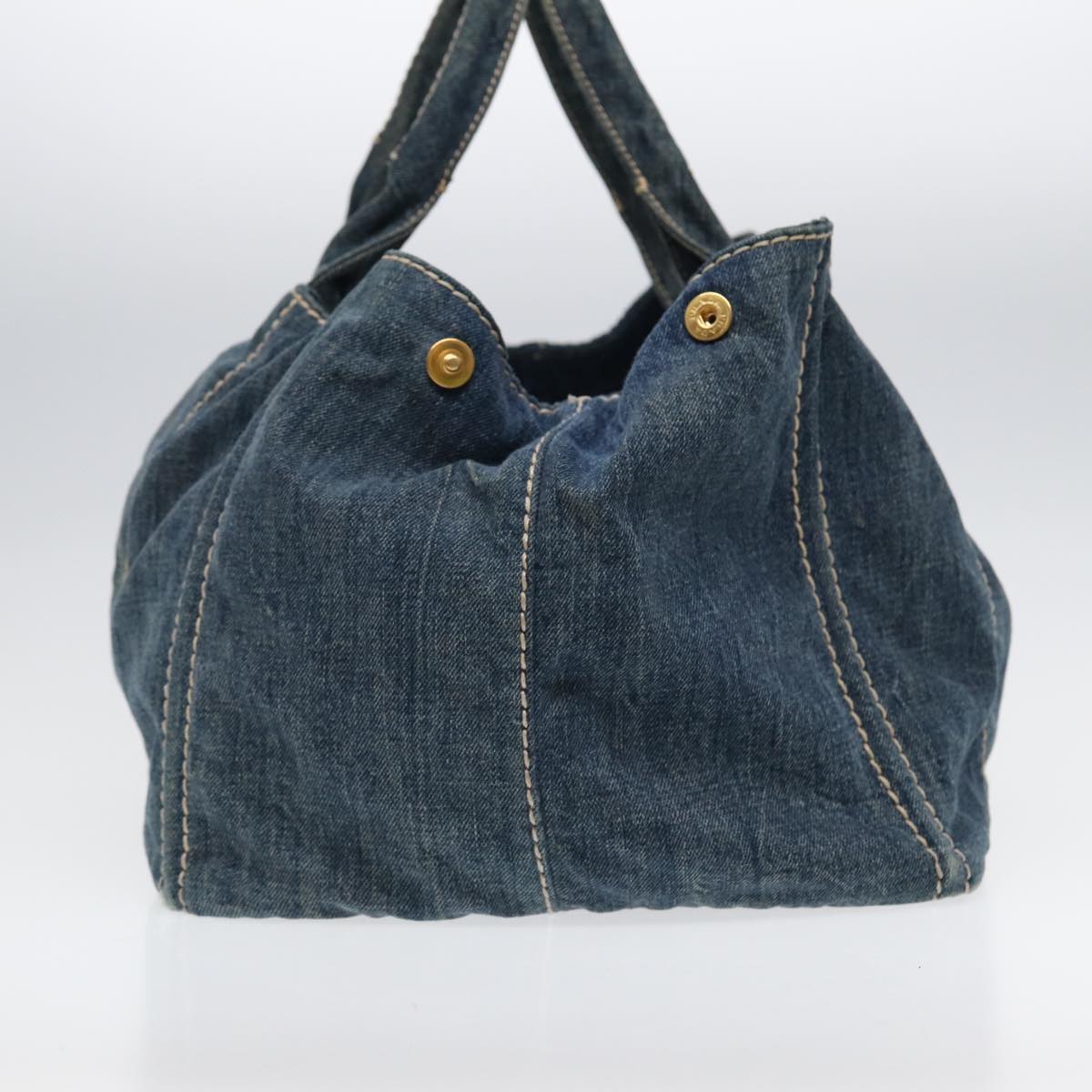 PRADA Canapa GM Hand Bag Denim Blue Gold Auth