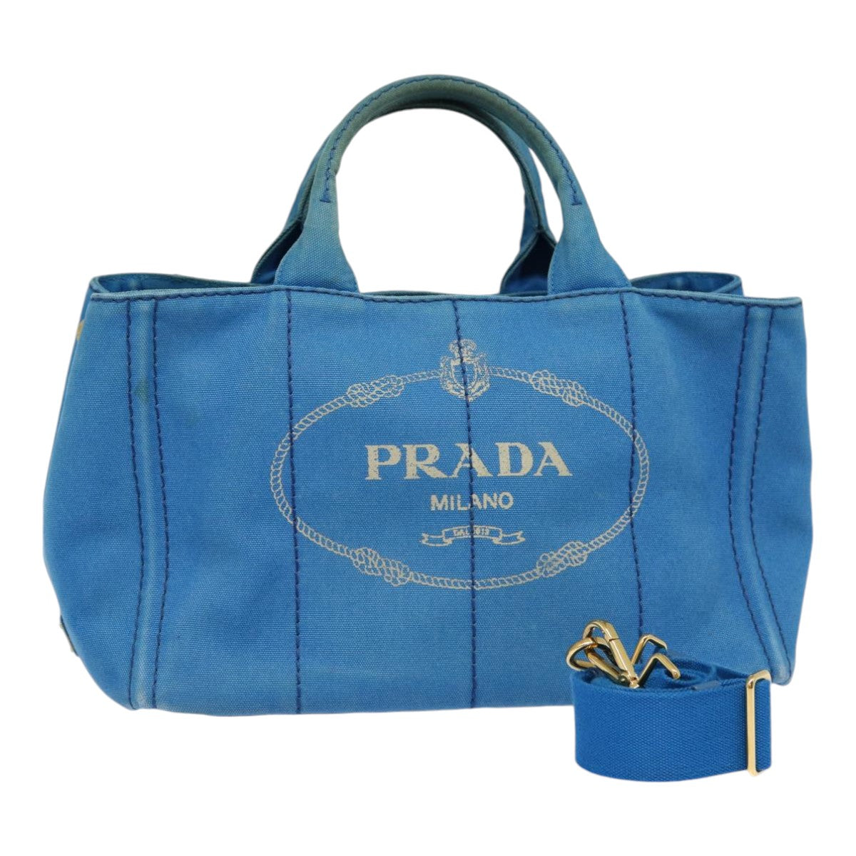 PRADA Canapa MM Hand Bag Canvas 2way Blue Gold Auth