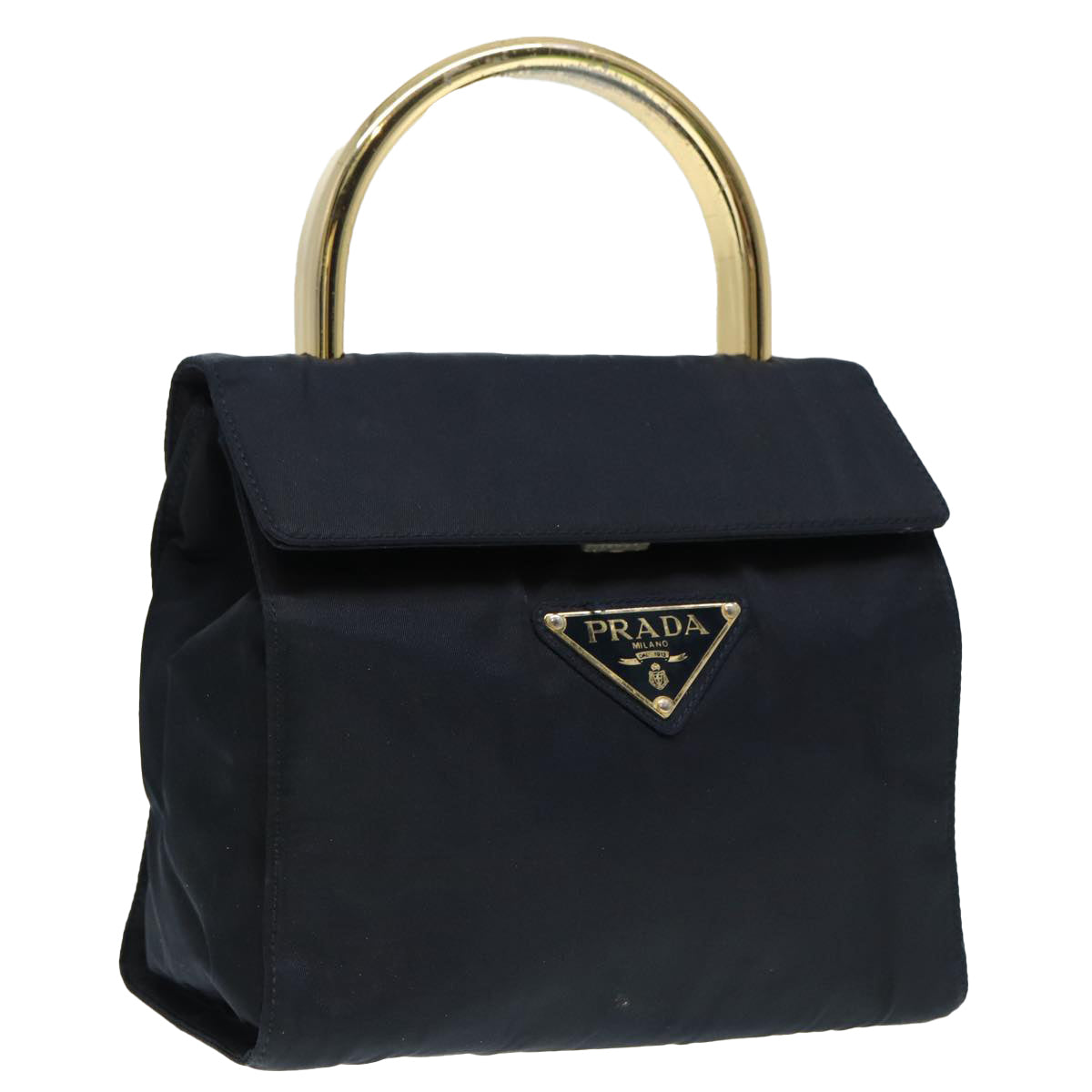 PRADA Hand Bag Nylon Navy Gold Auth