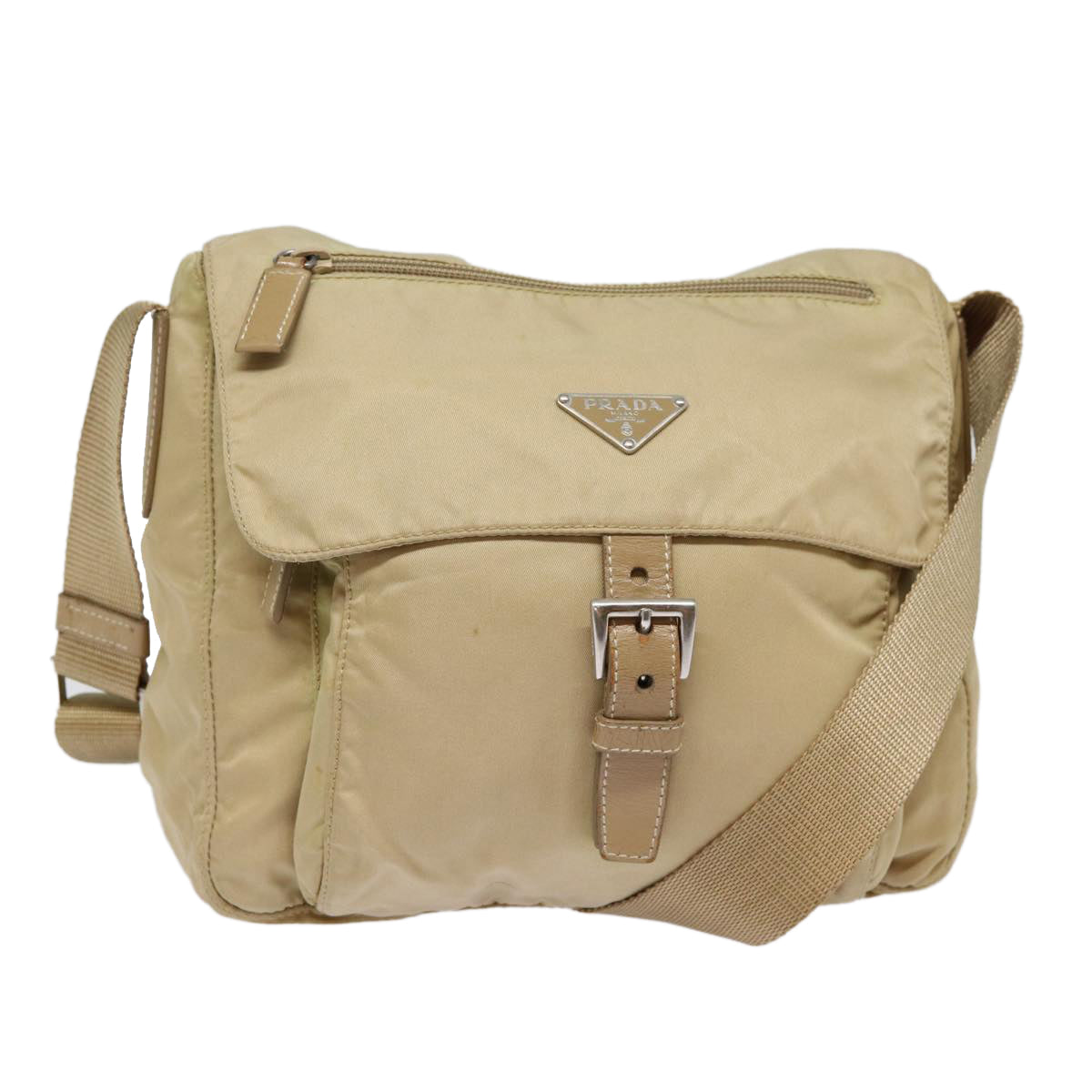 PRADA Shoulder Bag Nylon Beige Silver Auth
