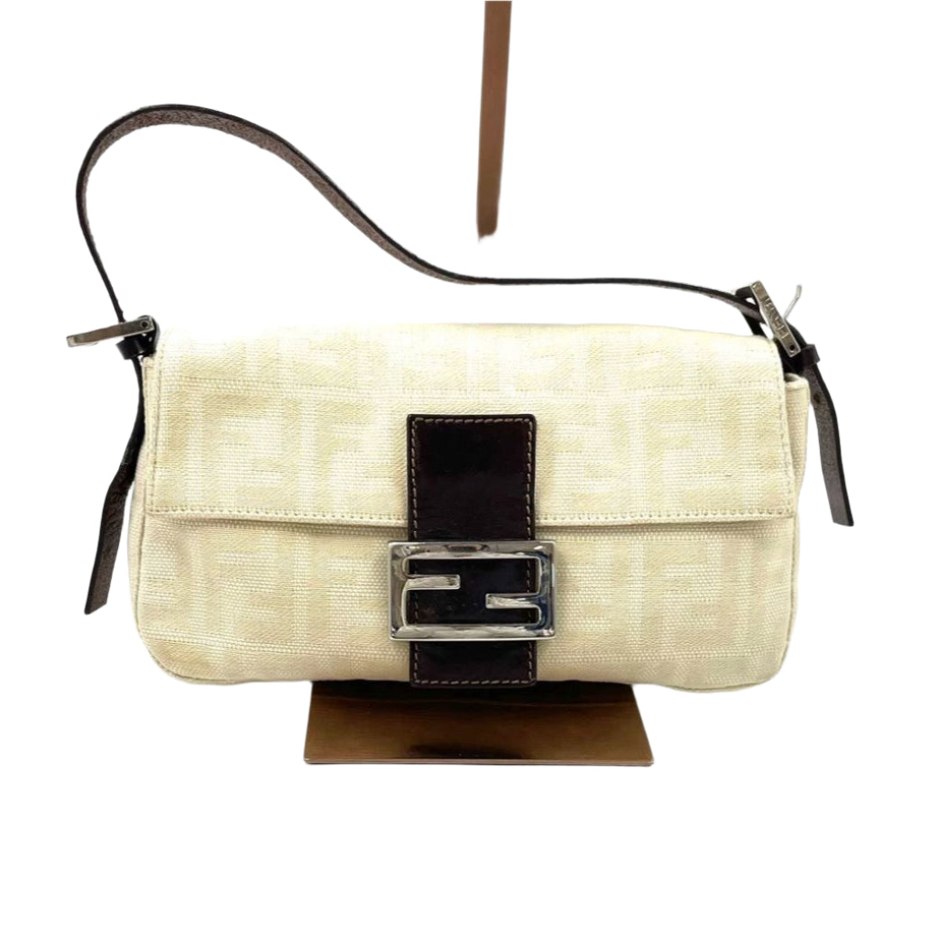 Fendi Baguette   Beige Canvas Zucca Print Shoulder Bag