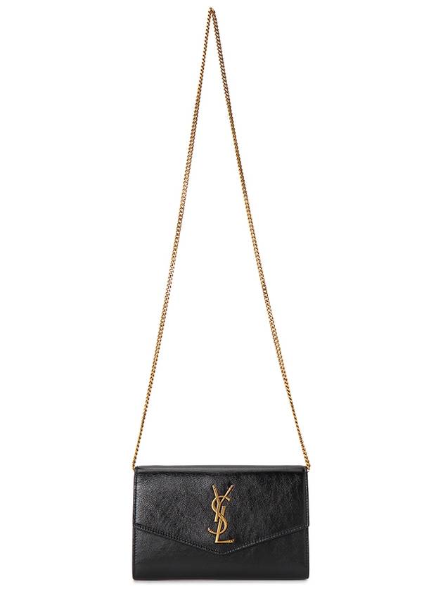 Luxury Saint Laurent Trending 2026 Uptown Shiny Grained Leather Chain Wallet Black