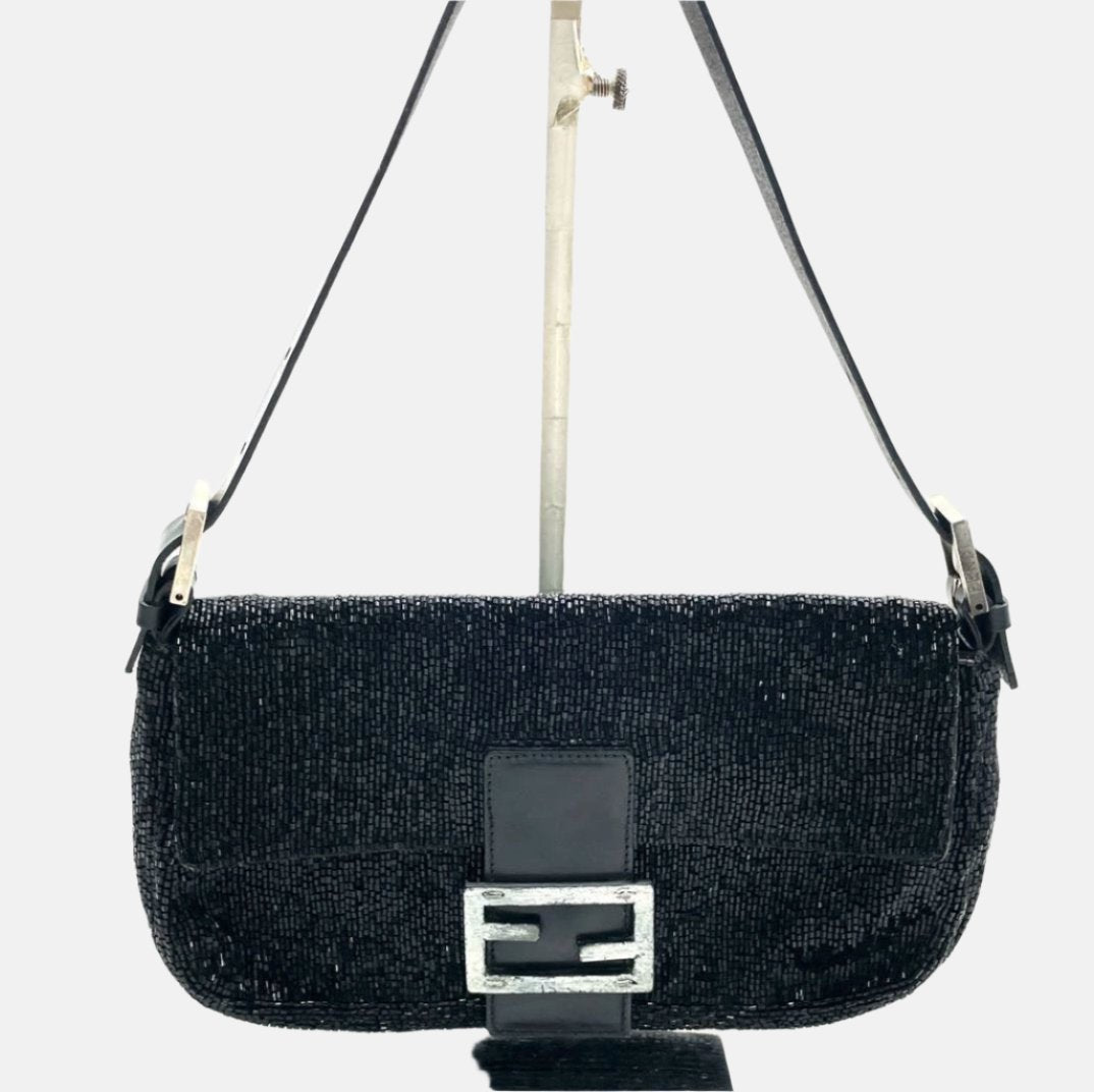 Fendi Baguette   Black Glitter Beads Shoulder Bag