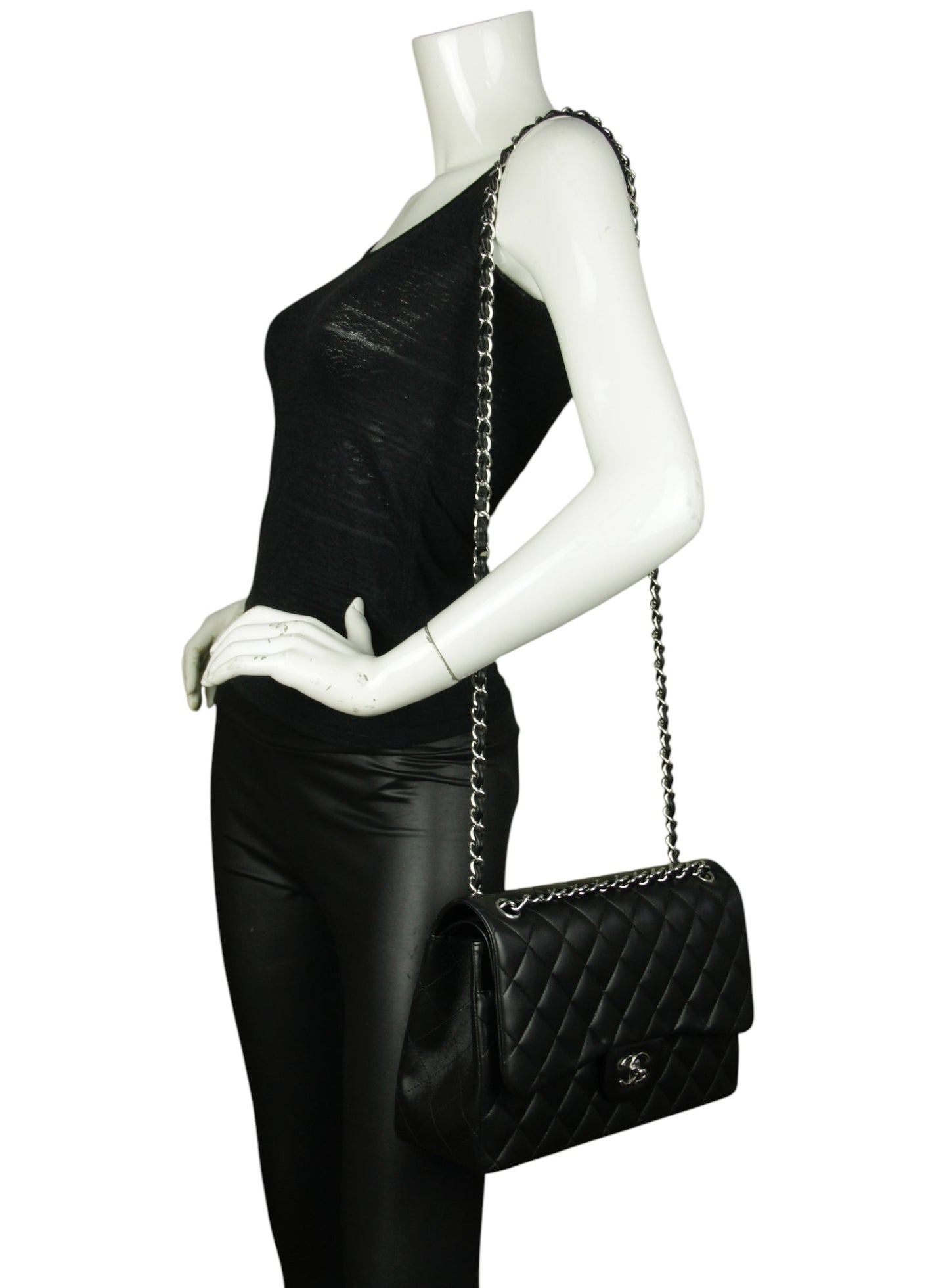 Chanel Black Lambskin Leather Double Flap Jumbo Bag
