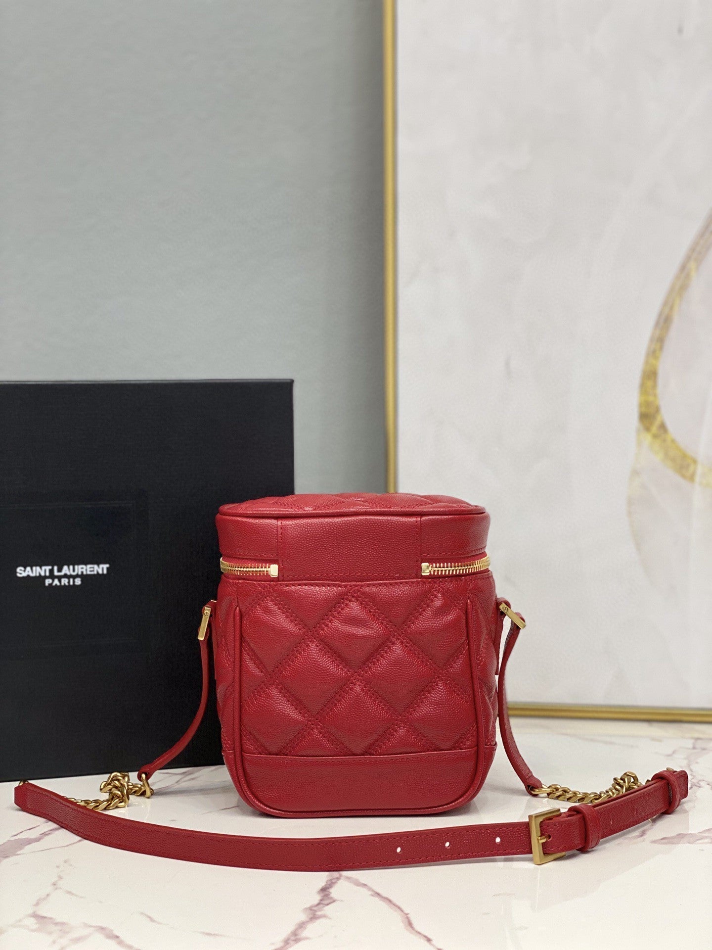 Yves Saint Laurent Vanity Bag In Carr Quilted Grain De Poudre Red.4in/.5cm