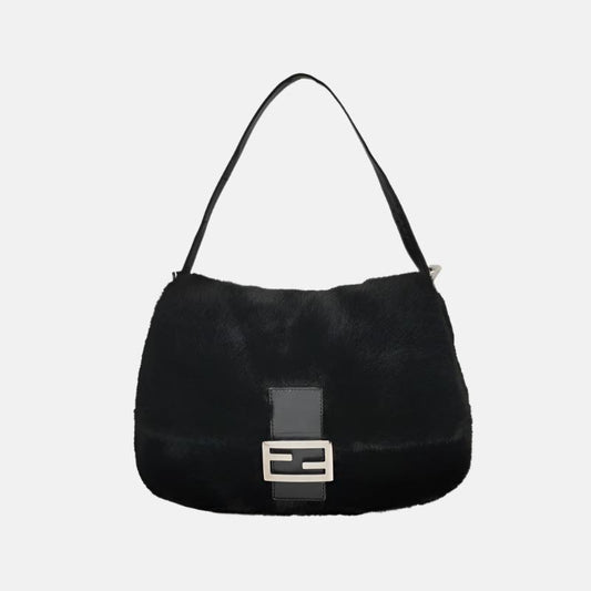 Fendi Mamma Baguette Black Faux Fur Shoulder Bag
