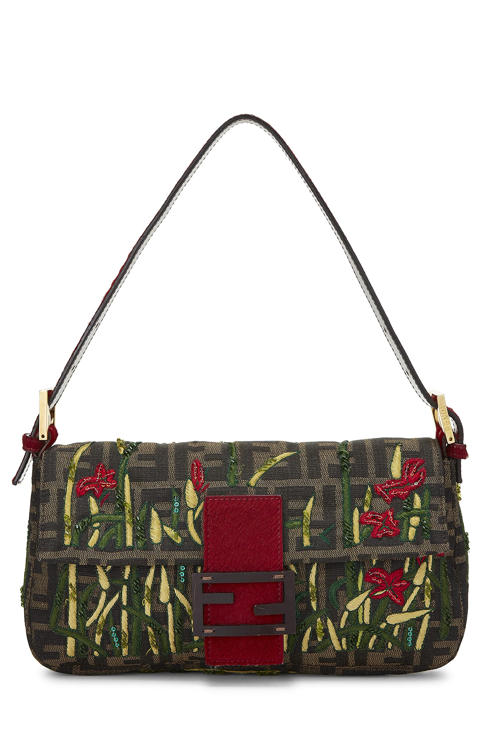 Fendi, Brown Zucca Canvas Embroidered Baguette, Red