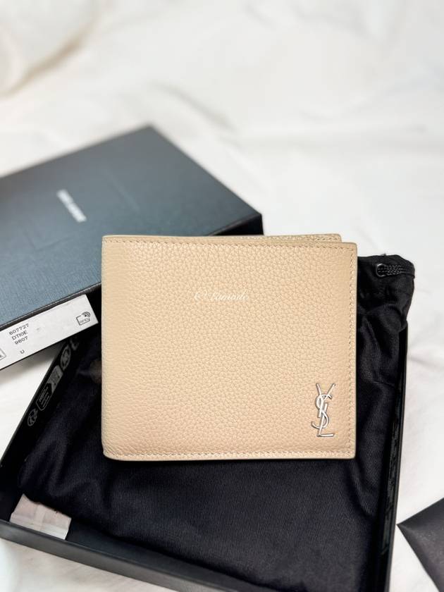 Luxury Saint Laurent Trending 2026 Tiny Cassandre Logo Plaque Half Wallet Beige