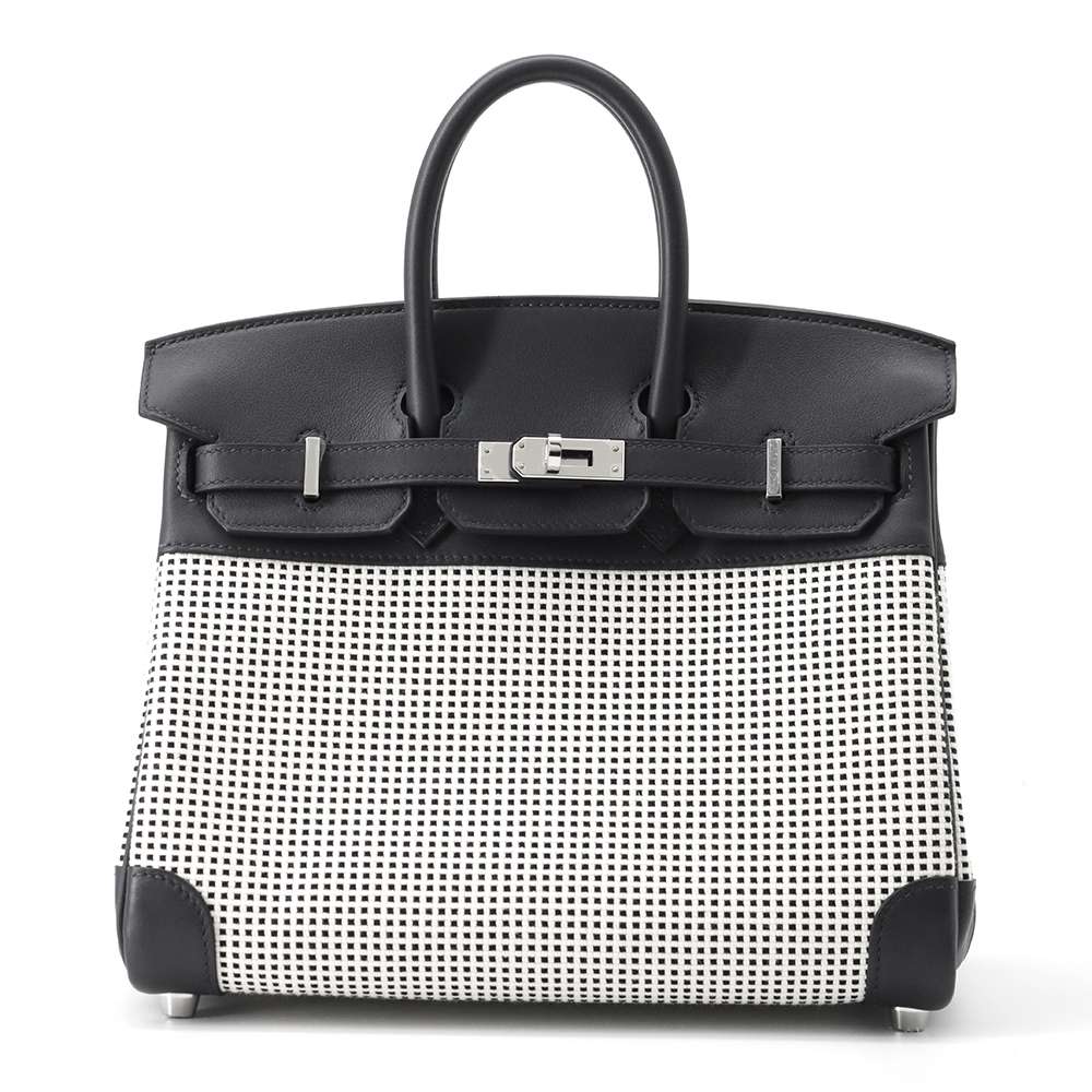 HERMES Birkin Caban/ Black/ White/ Ecru Toile Cadrille Swift Leather Size 25