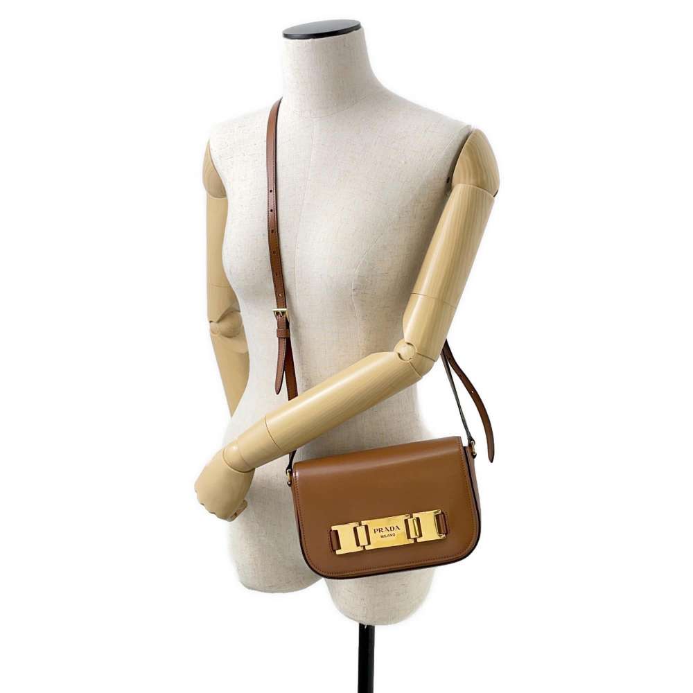 PRADA Logo Shoulder Bag Brown Leather