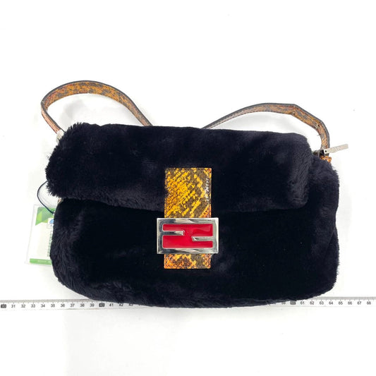 Fendi Baguette Black Faux Fur Snake Skin Strap Red Enamel Buckle Shoulder Bag