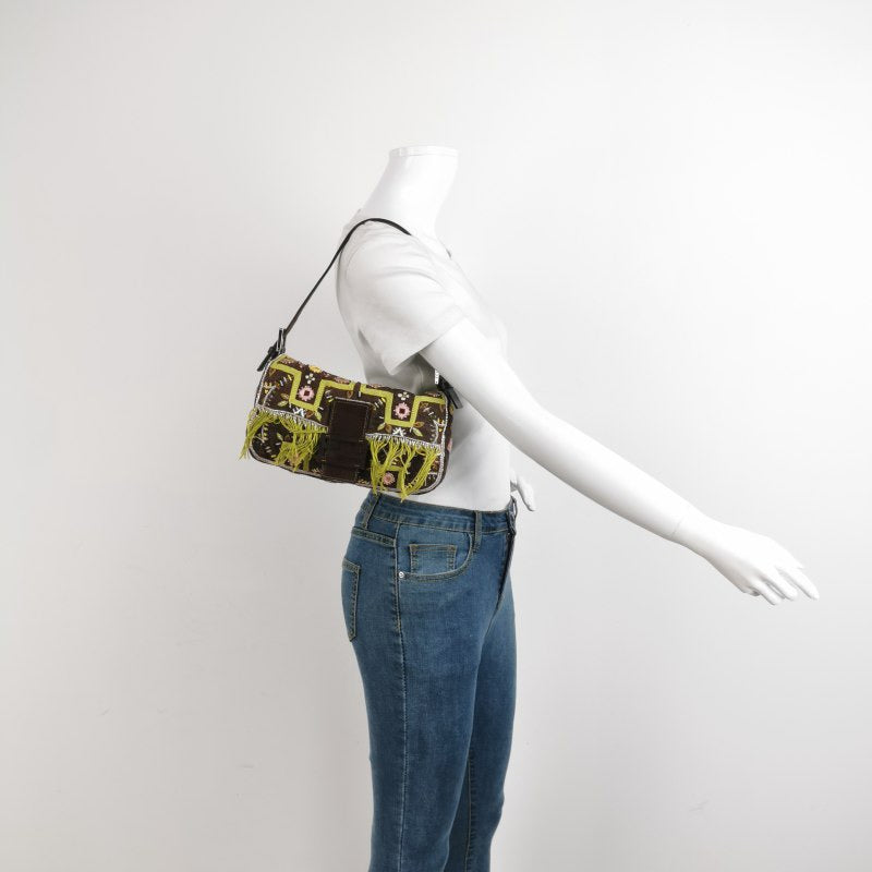 Fendi Baguette Vintage Brown Canvas with embroidery sequins mirrors and tassels