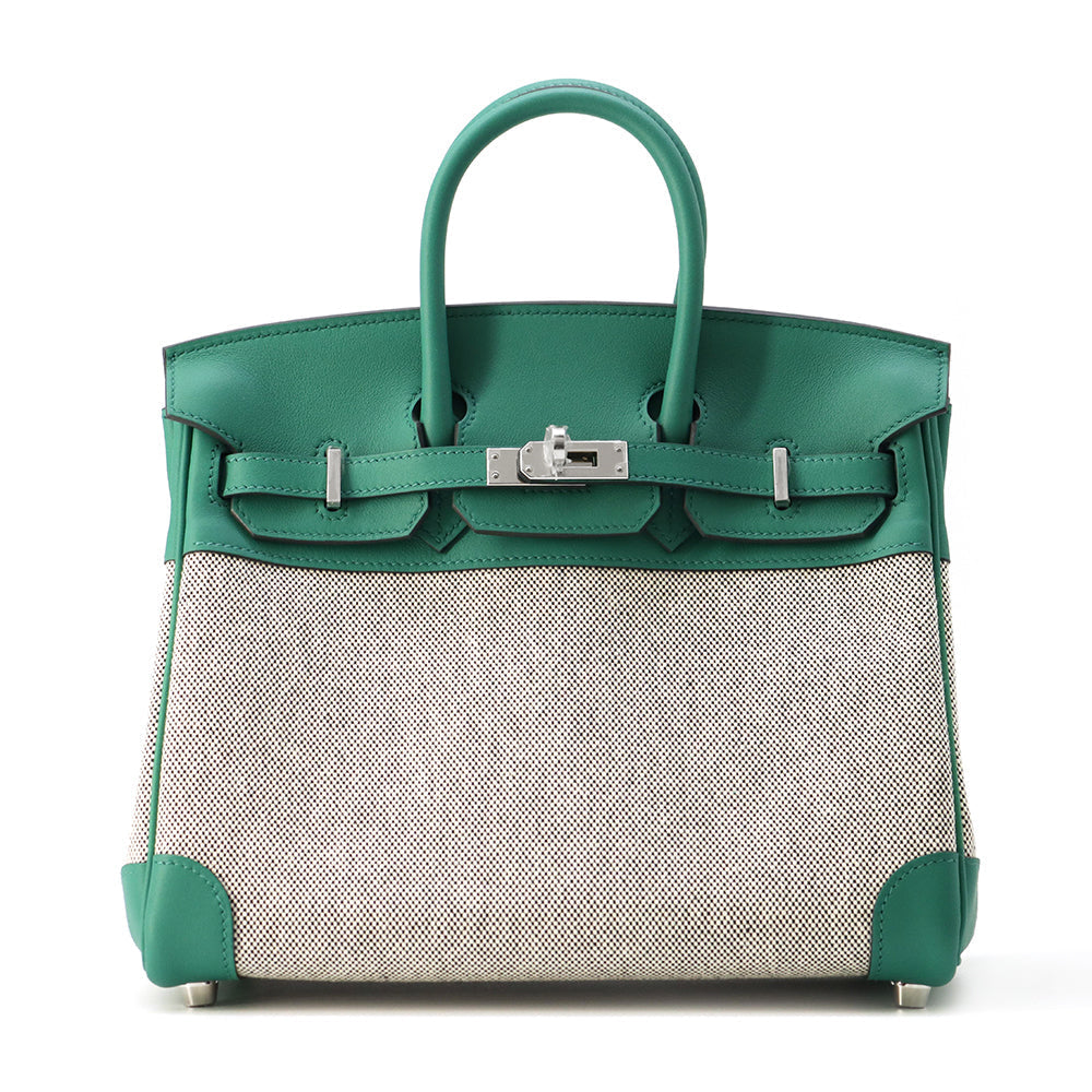 HERMES Birkin Ecru/ Vert Vertigo Toile H Swift Leather Size 25