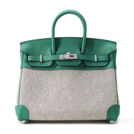 HERMES Birkin Ecru/ Vert Vertigo Toile H Swift Leather Size 25