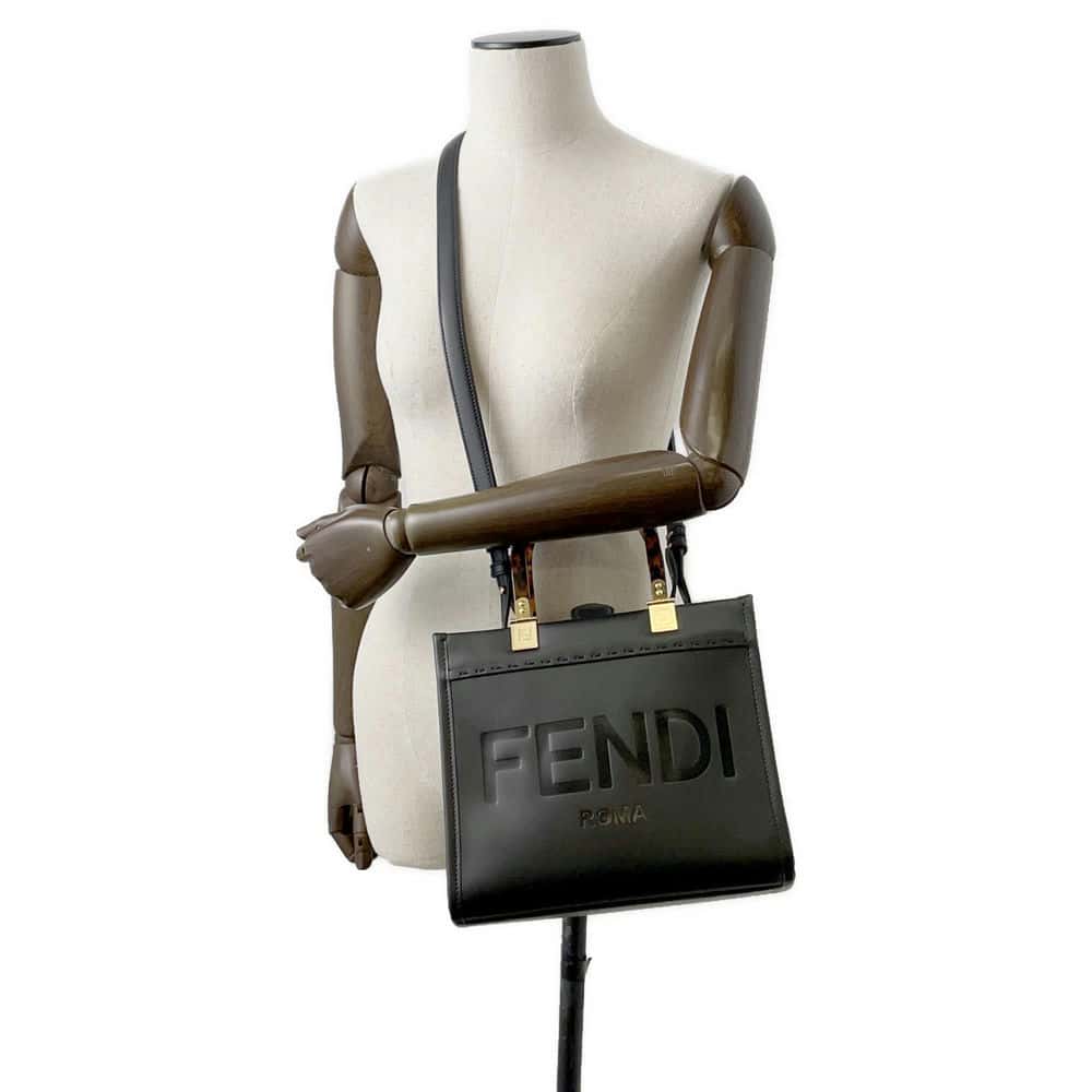 FENDI Sunshine 2WAY Handbag Black 8BH394 Leather Size Small