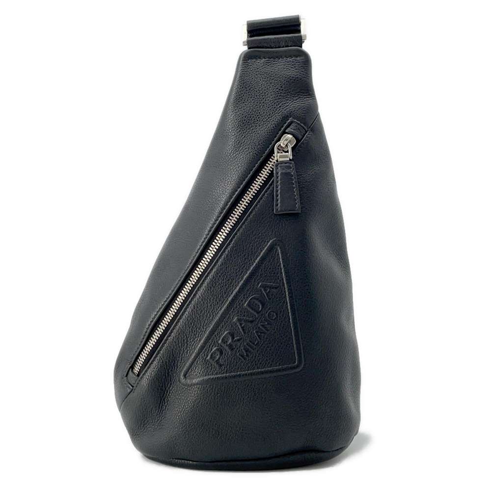 PRADA Triangle Logo Cloth Crossbody Bag Black Vittero Dino Leather