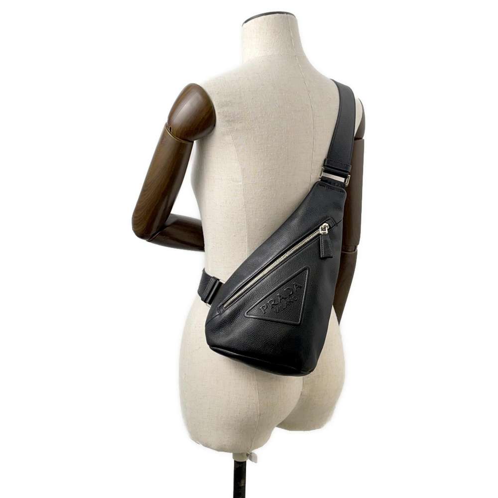 PRADA Triangle Logo Cloth Crossbody Bag Black Vittero Dino Leather
