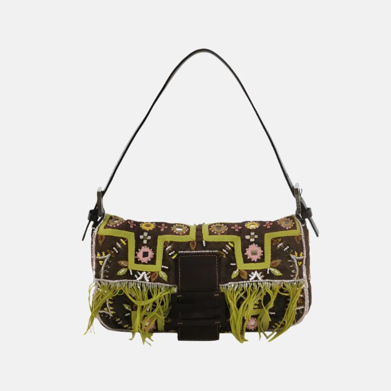 Fendi Baguette Vintage Brown Canvas with embroidery sequins mirrors and tassels