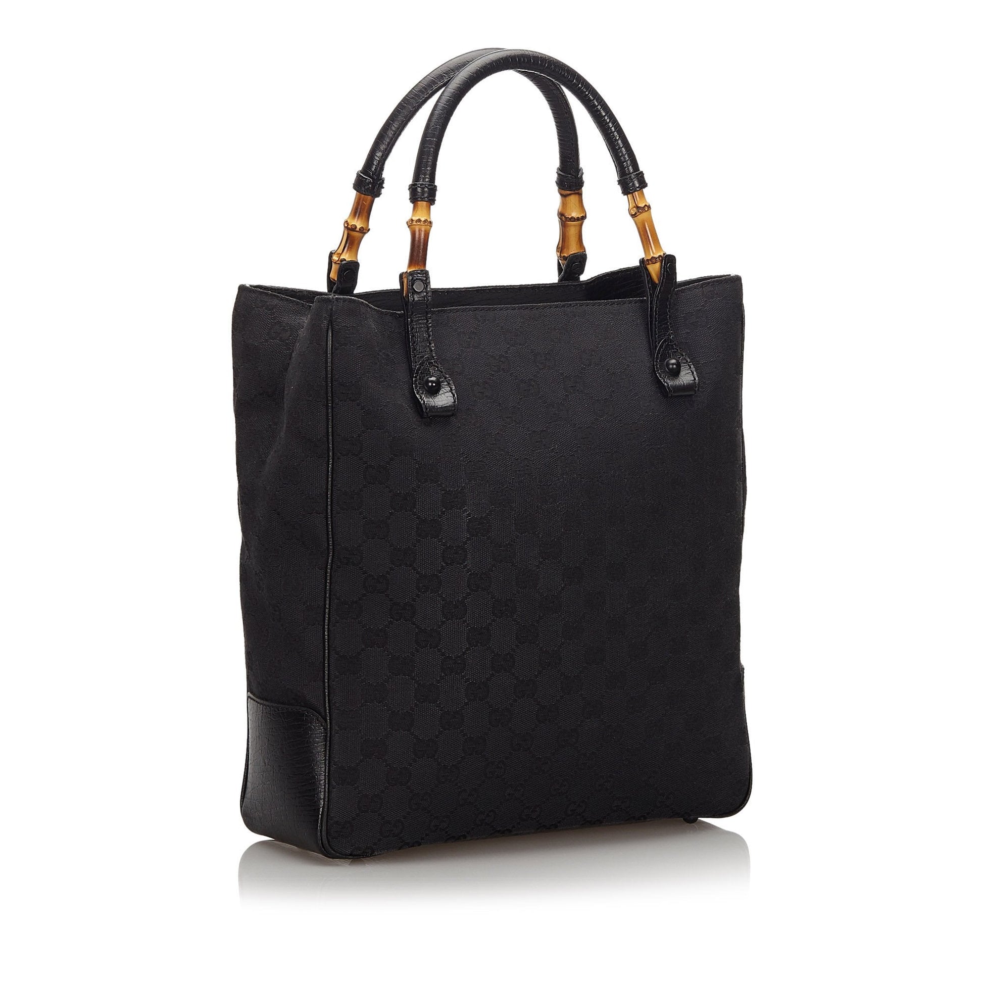 Gucci Bamboo Black Leather Canvas Tote Style 1