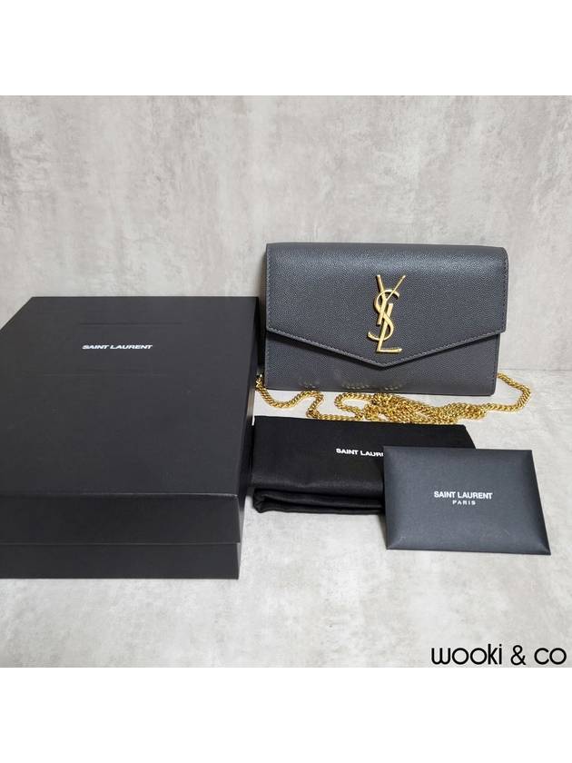 Luxury Saint Laurent Trending 2026 Monogram Uptown Chain Embossed Leather Long Wallet Storm Gold