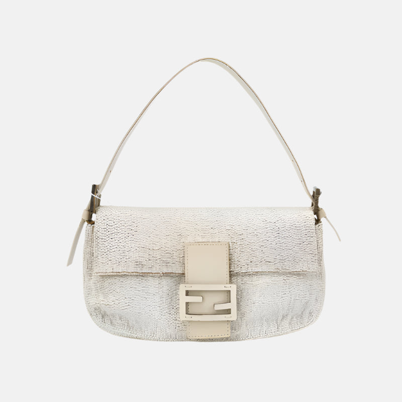 Fendi Baguette   White Glitter Beads Brown Leather