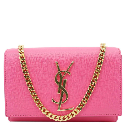 YVES SAINT LAURENT Kate Small Pebbled Leather Chain Crossbody Bag Pink