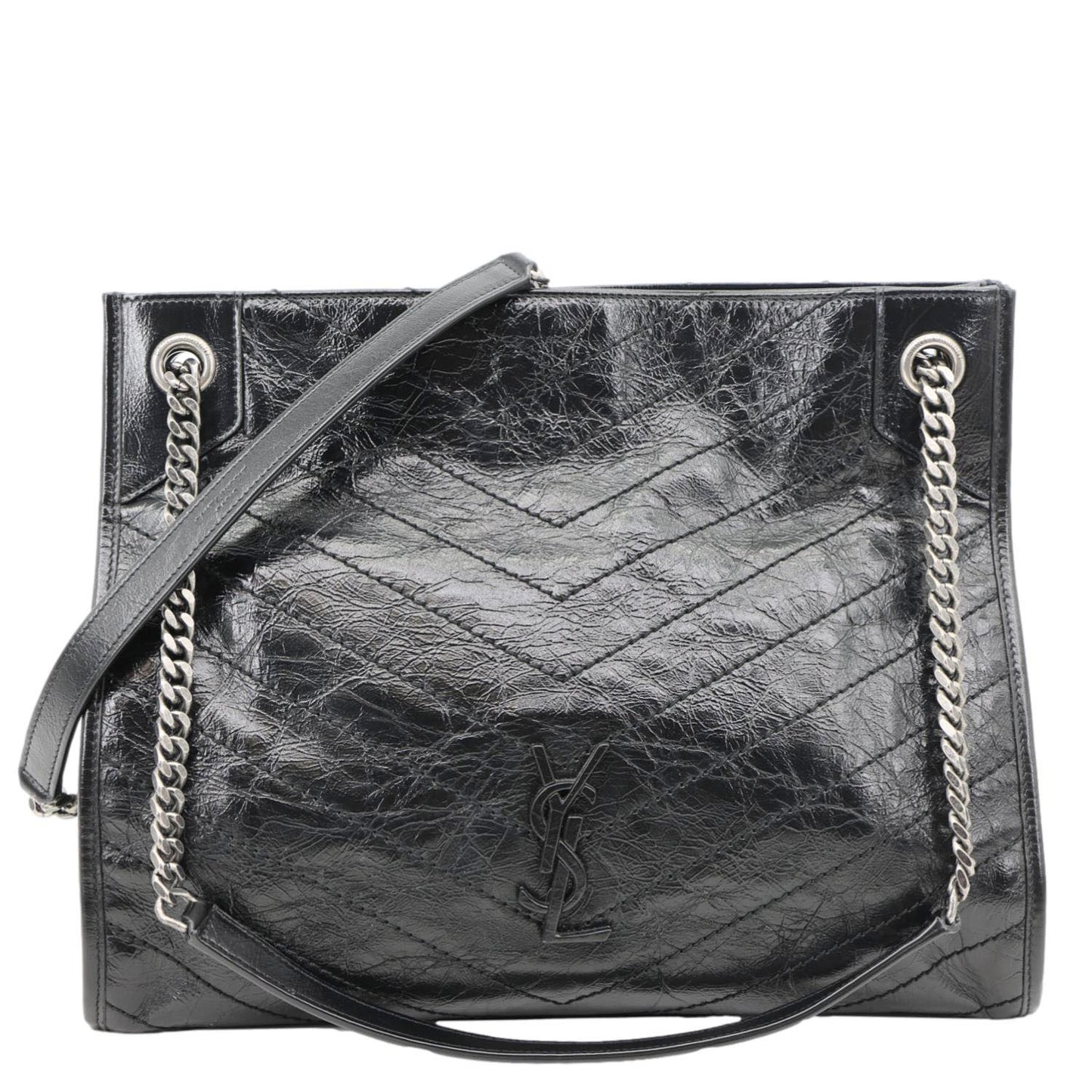 YVES SAINT LAURENT Niki Crinkle Leather Shopper Tote Bag Black