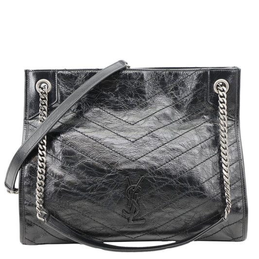 YVES SAINT LAURENT Niki Crinkle Leather Shopper Tote Bag Black