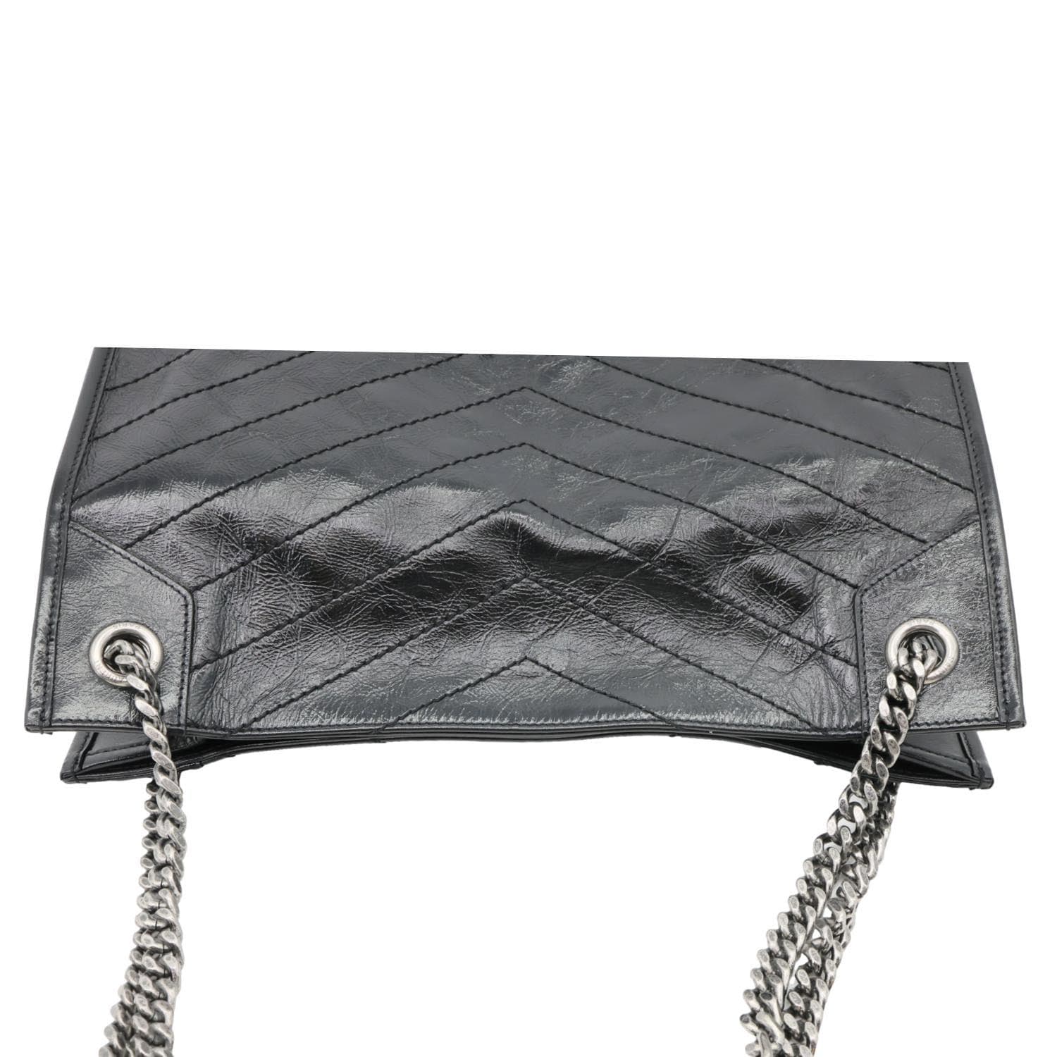 YVES SAINT LAURENT Niki Medium Crinkled Leather Shopping Tote Bag Black