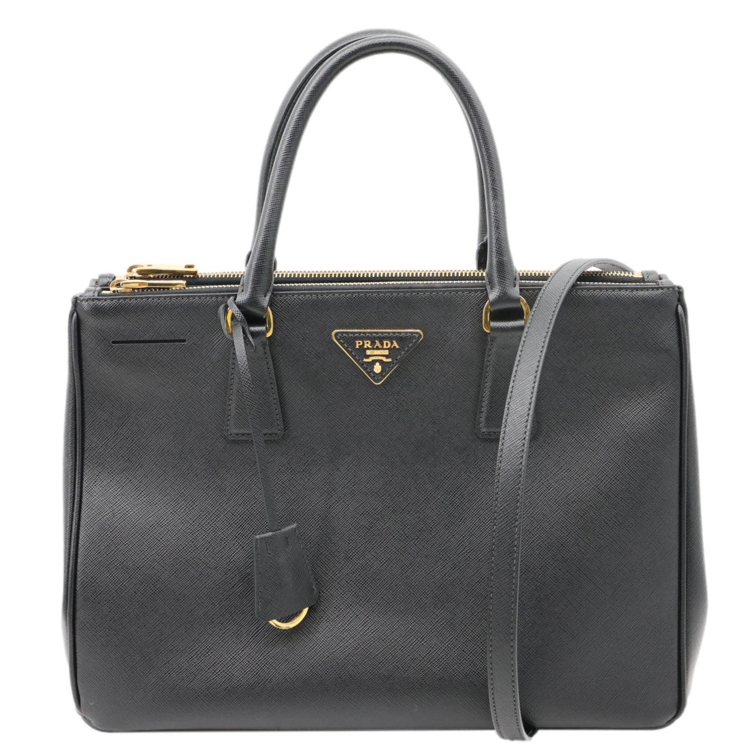 PRADA Galleria Double Zip Saffiano Leather Top Handle Shoulder Bag Black