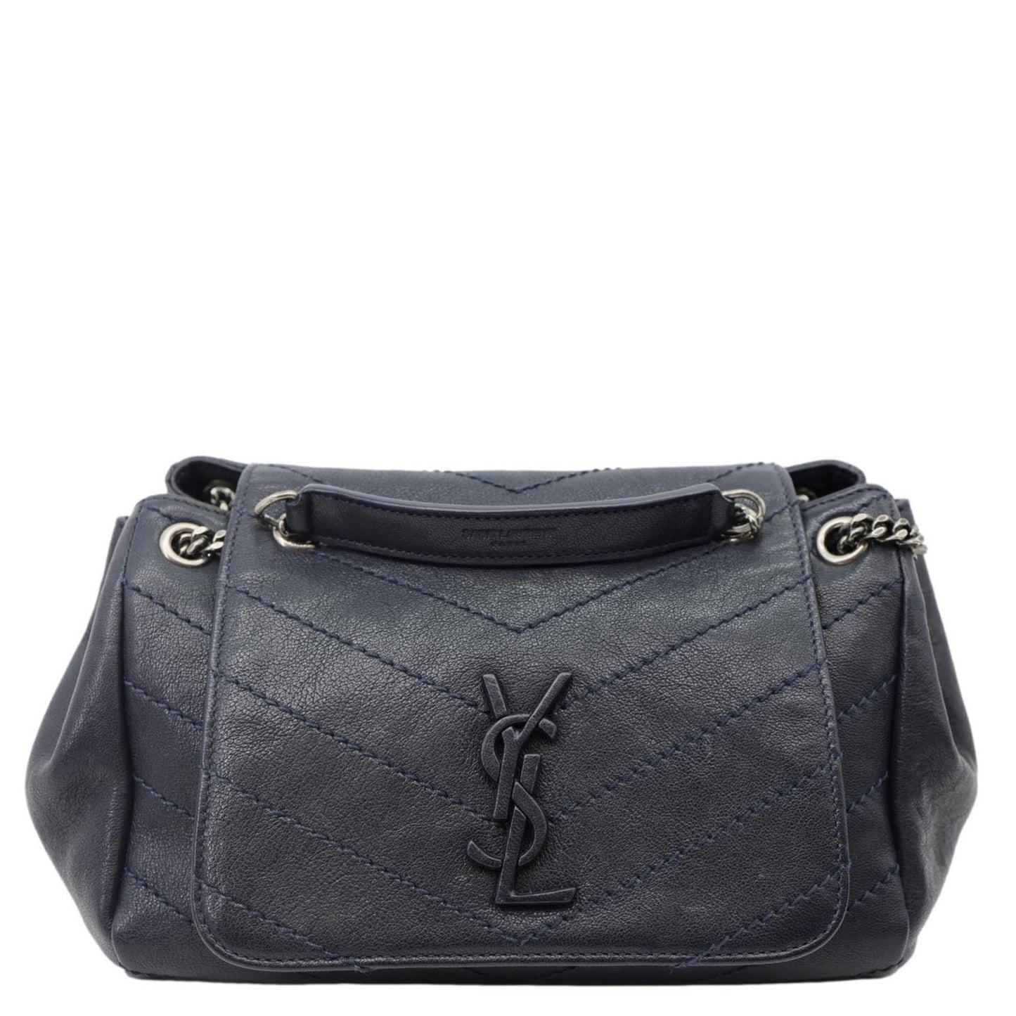 YVES SAINT LAURENT Vintage Monogram Nolita Chevron Leather Shoulder Bag Navy Blue